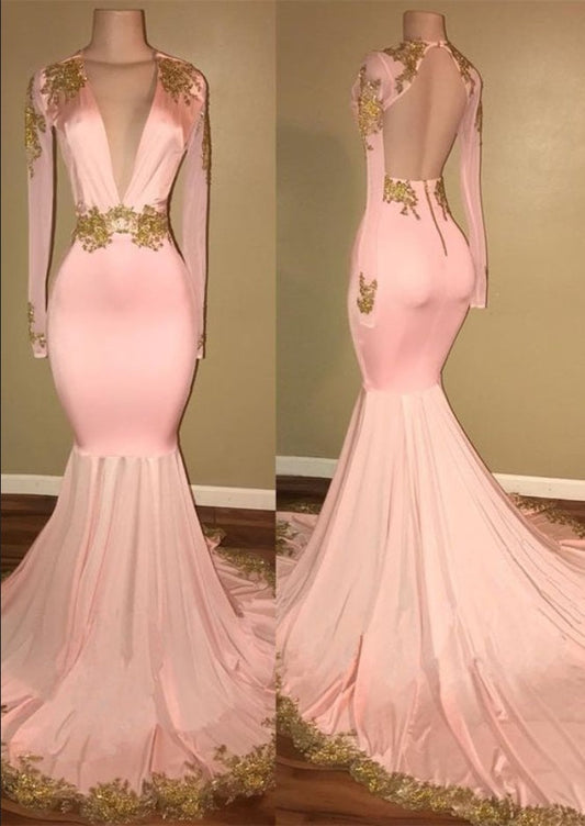 Blush Pink Deep V neck Tight Prom Dress with Sleeves,21121307