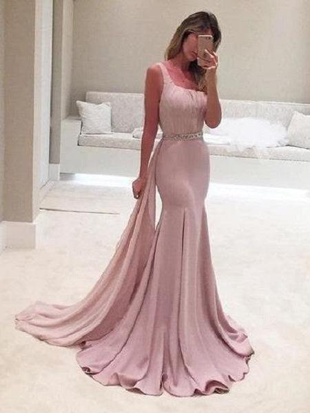 Blush Pink V Back Trumpet Long Prom Dress with Draping,GDC1145