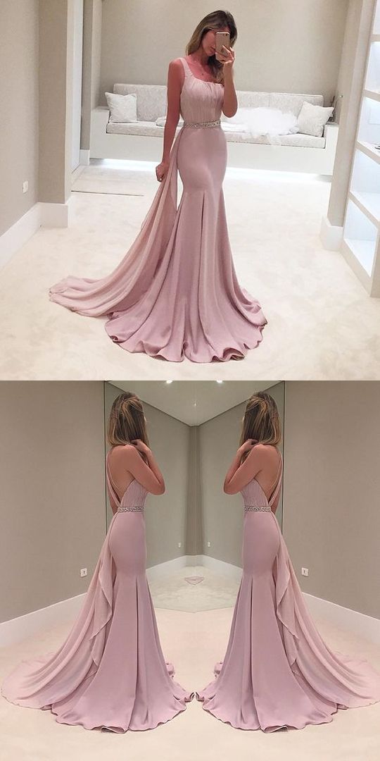 Blush Pink V Back Trumpet Long Prom Dress with Draping,GDC1145