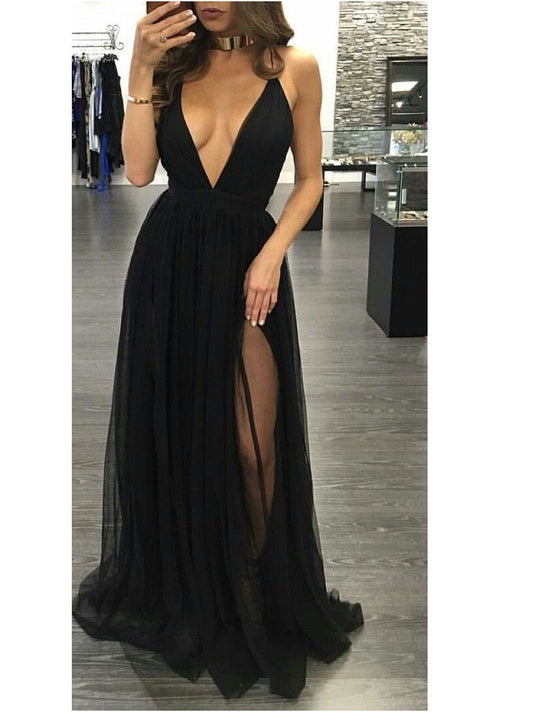 Boho Black Flowy Long Prom Dress,Sexy Plunge V neck Evening Dress,GDC1195