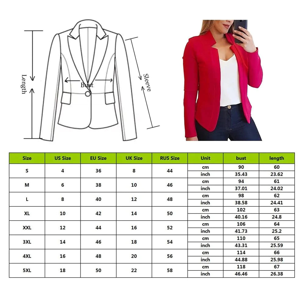 Fashion Spring Business Formal Blazers Lady Office Casual Suit Solid Jackets Coat Long-sleeved Slim Blazer