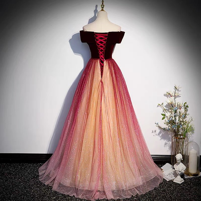 Burgundy Fairytale Off Shoulders Gradient Prom Dress