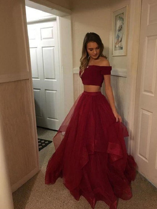 Burgundy Off Shoulders Long Two Piece 8th Grade Prom Dresses,20081114