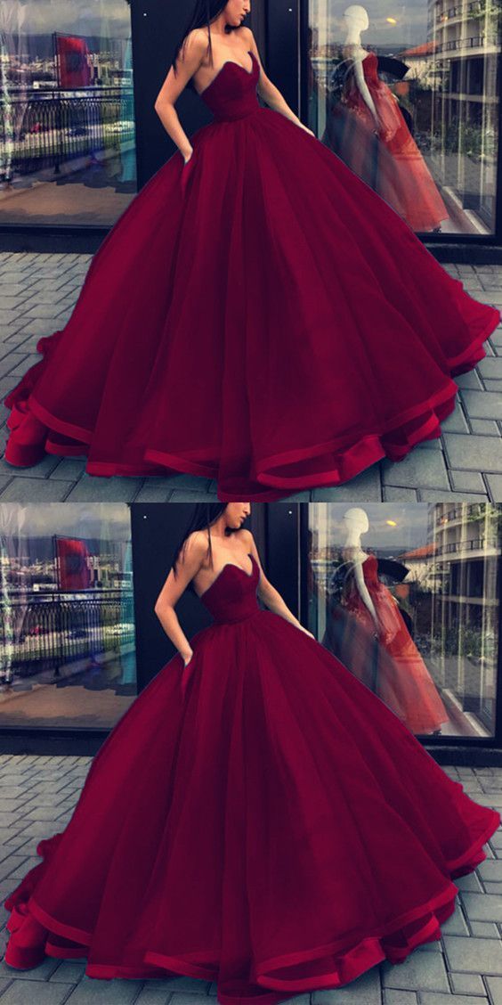 Burgundy Ball Gown Tulle Strapless Prom Dress with Satin Binding Hem,GDC1178