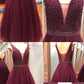 Classy Burgundy Plunge V neck Tulle Puffy Prom Dress, GDC1173