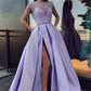 2019 Cap Sleeves Jewel Neck Side Slit Prom Dress with Beading Bodice,GDC1103