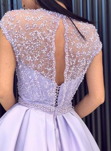 2019 Cap Sleeves Jewel Neck Side Slit Prom Dress with Beading Bodice,GDC1103