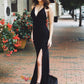 Charming Black Jersey Bodycon Formal Prom Dress with Slit Cross Straps Back,20081628