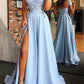 Cheap Blue Side Slit Long A Line Prom Dress with Cap Sleeves,GDC1062