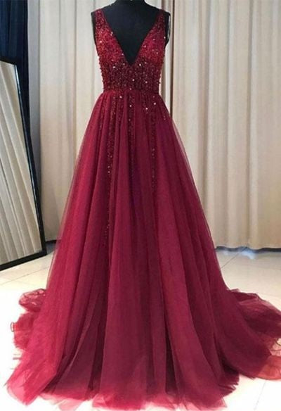 Cheap Red Prom Dress Tulle Lace Appliques V neck Prom Gown Wedding Party Dress,18021605