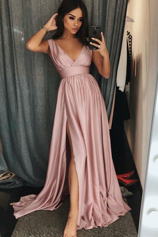 Dusty Pink Prom Dress,Flowy Prom Dresses with Slit, GDC1240