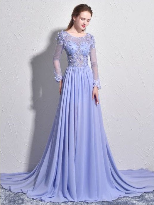 Chiffon See through Floral Lace Top Long Sleeve Lilac Prom Dress Formal Dress with Long Sleeves #21011201