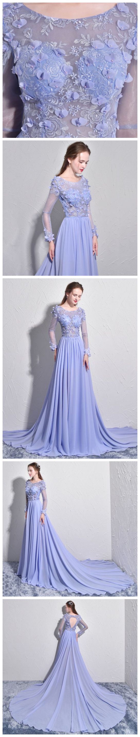 Chiffon See through Floral Lace Top Long Sleeve Lilac Prom Dress Formal Dress with Long Sleeves #21011201
