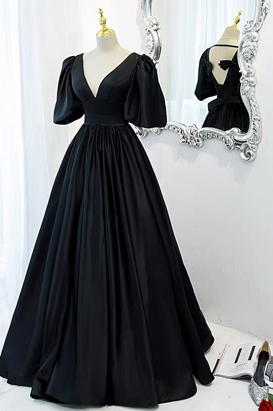 Robe de bal noire chic, robe formelle avec manches à bulles