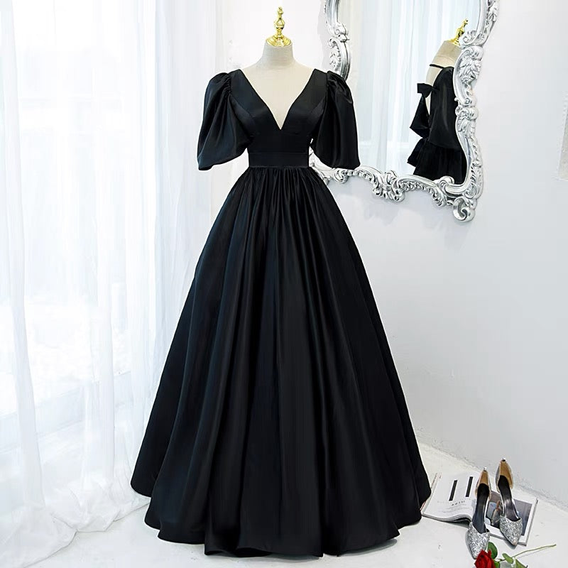 Classy Black Prom Dress Formal Dress with Bubble Sleeves