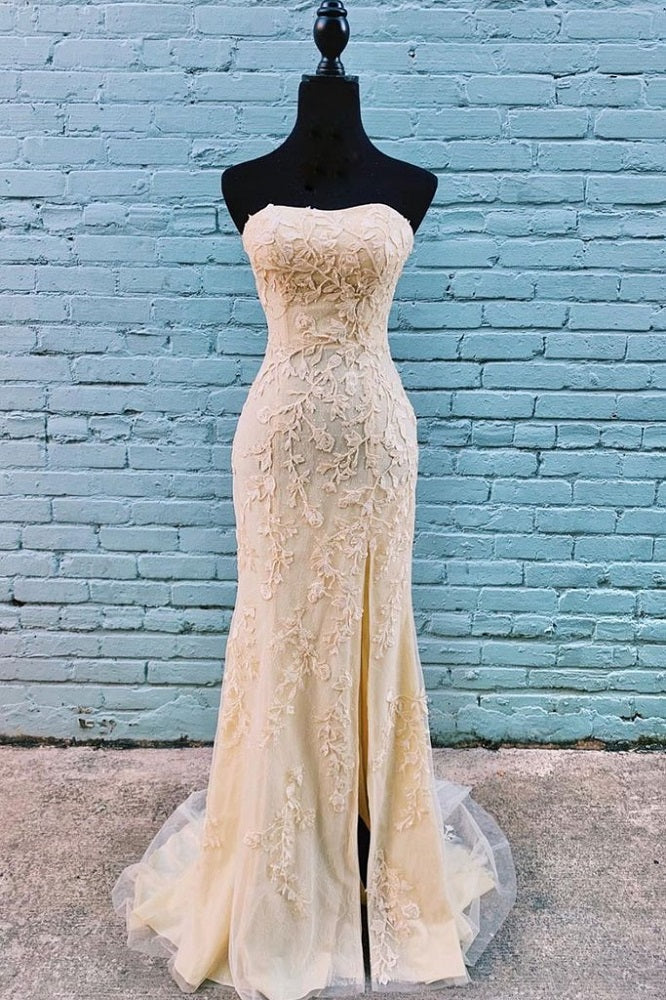 Classy Gold Lace Appliques Long Strapless Prom Dress with Side Slit,20081607