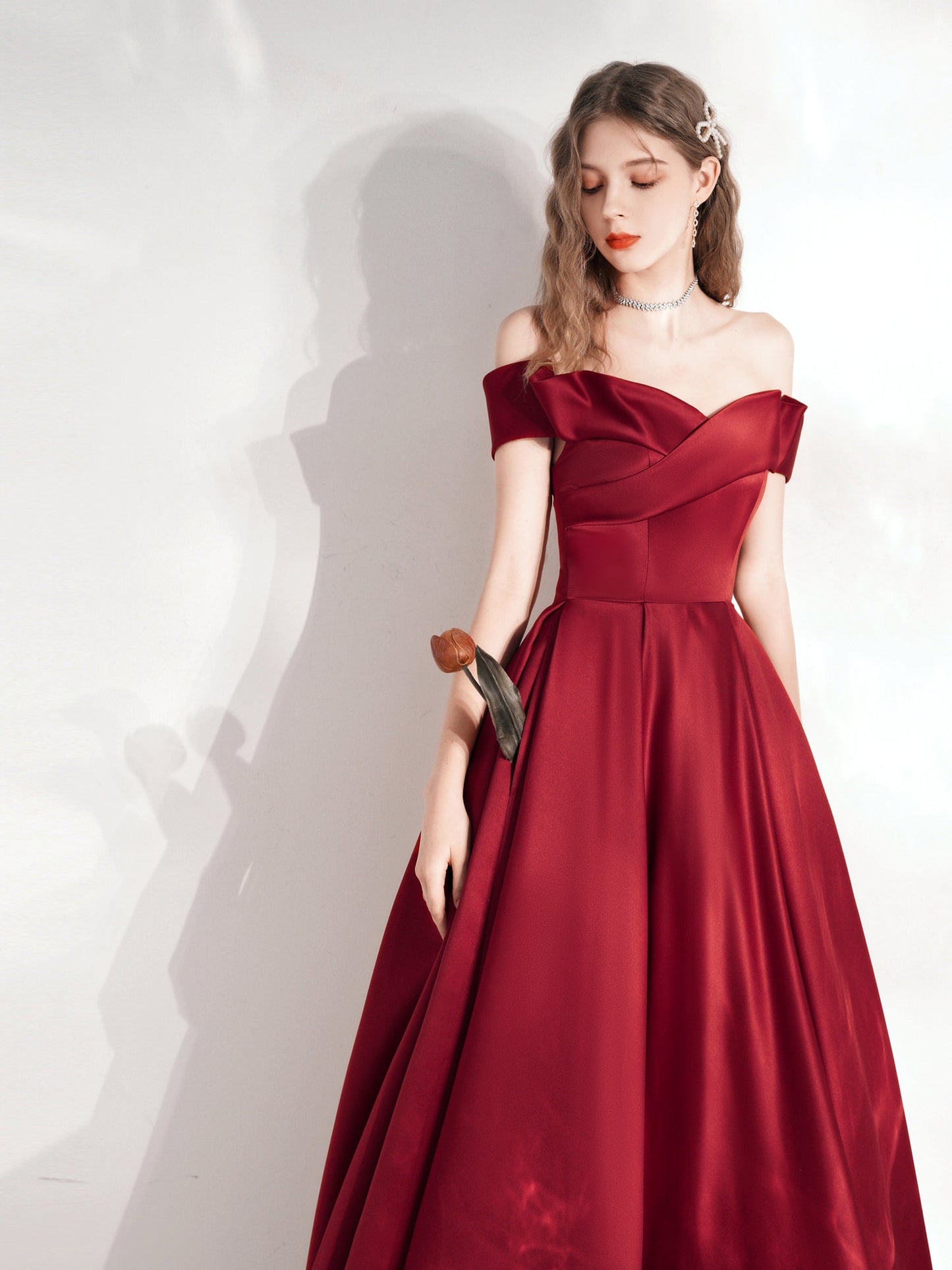 Classy Red Ball Gown Off Shoulder Prom Dress with Pockets