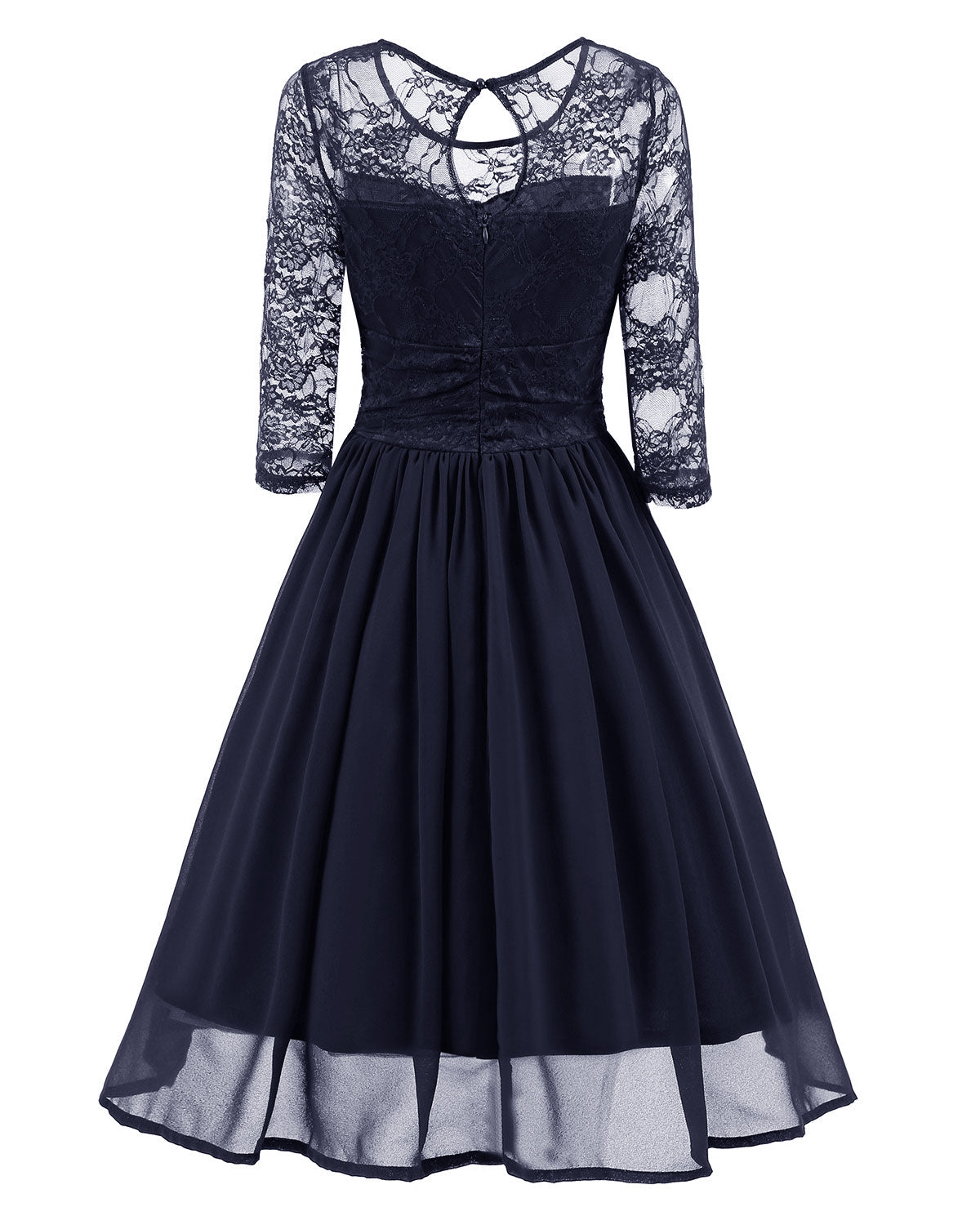 Classy Modest Navy Blue Lace Short Prom Dress with Sleeves,Blue Party Dress,1581N