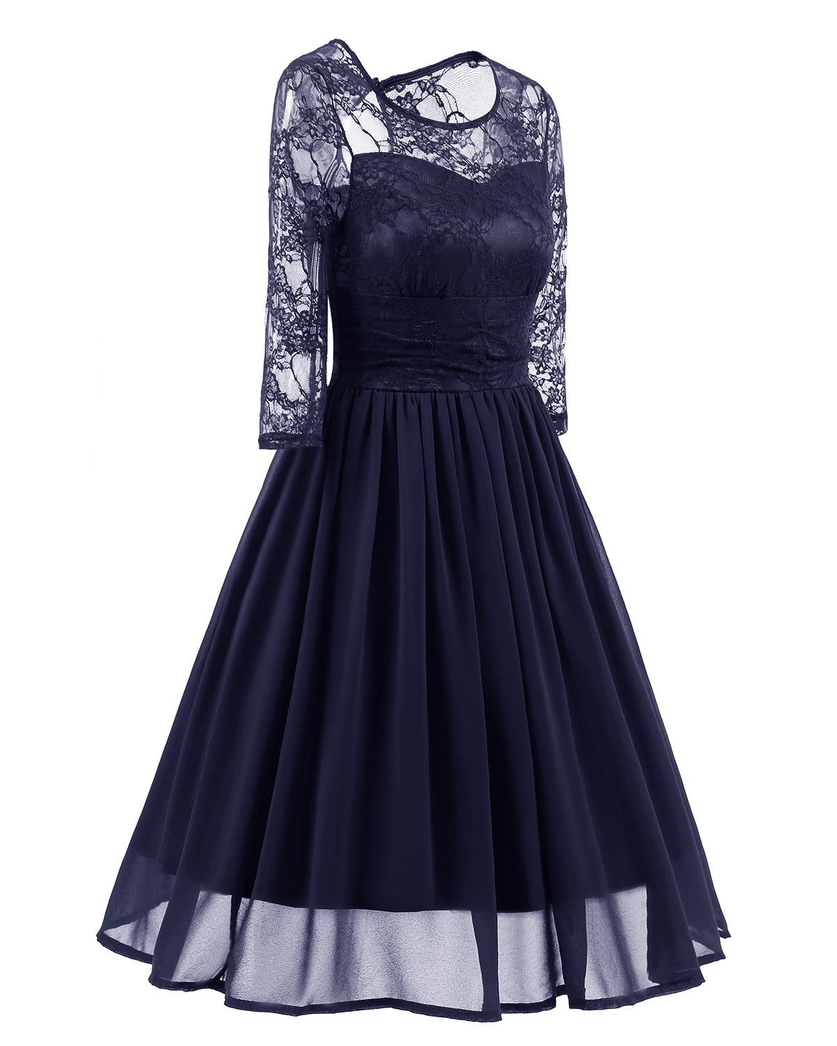 Classy Modest Navy Blue Lace Short Prom Dress with Sleeves,Blue Party Dress,1581N