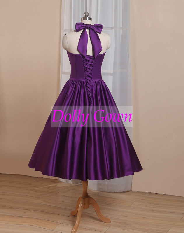 Robes de demoiselle d'honneur Vintage robes de demoiselle d'honneur de pays violet longueur de thé robes de demoiselle d'honneur de Style années 50 