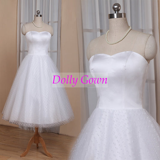 1950s Pin Up Rockabilly Polka Dots Strapless Tea Length Wedding Dresses with Sleeves,GDC1522