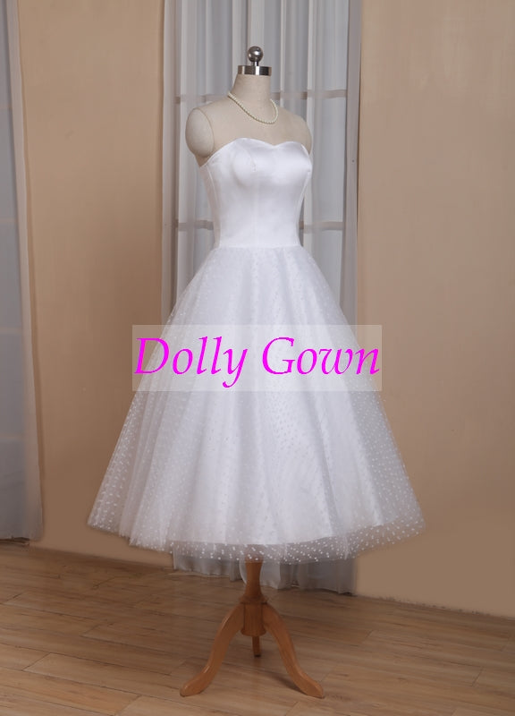 50er-Jahre-Pin-Up-Rockabilly-Brautkleider im Polka Dot-Stil, trägerlos, wadenlang, mit Ärmeln, GDC1522