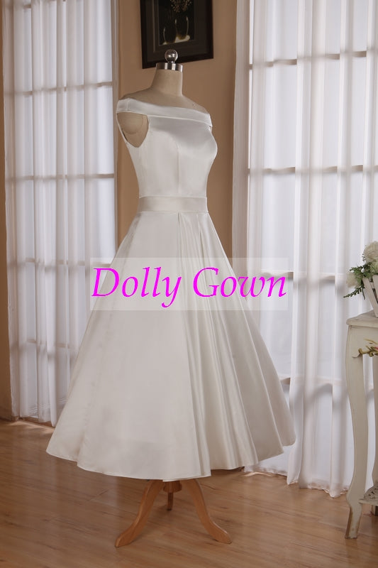 Robe de mariée simple, style vintage des années 1950, épaules dénudées, longueur thé, avec plis creux, ligne d'attente, 20072805 