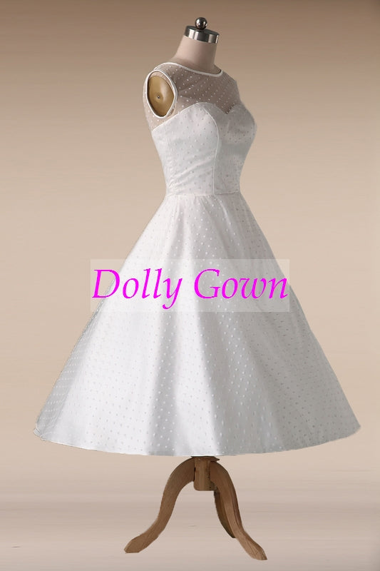 Robe de mariée vintage à pois des années 1950, longueur thé avec reliure en satin, robe de mariée courte de style Pin Up des années 50, DO021