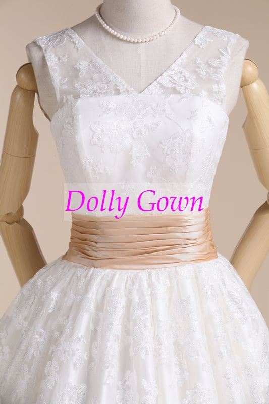 Audery Hepburn 50s Style V neck Tea Length Lace Wedding Dresses,20072809