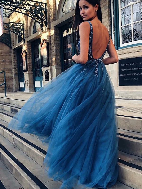 Dazzing Blue Stylish Formal Tulle Prom Dress for Girls,GDC1037