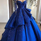 Delicate Sparkly Beading Ball Gown Satin Royal Blue Prom Dress with Sleeves Quinceanera Dress,GDC1286