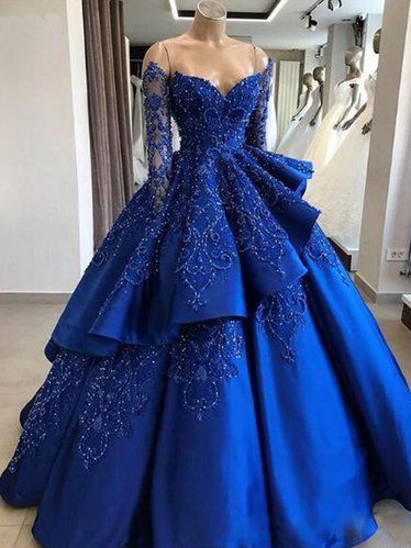 Robe de bal en Satin bleu Royal, délicate et scintillante, avec manches, robe de Quinceanera, GDC1286