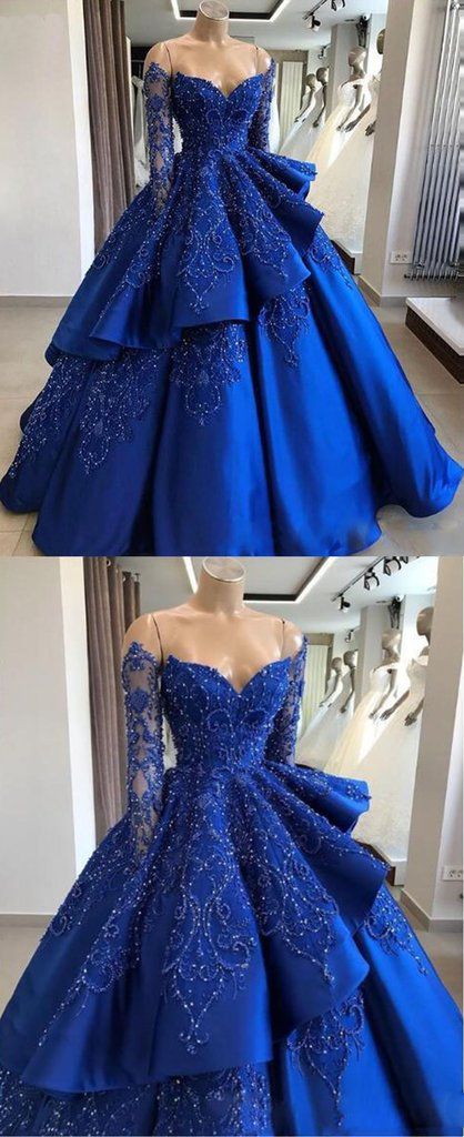 Delicate Sparkly Beading Ball Gown Satin Royal Blue Prom Dress with Sleeves Quinceanera Dress,GDC1286