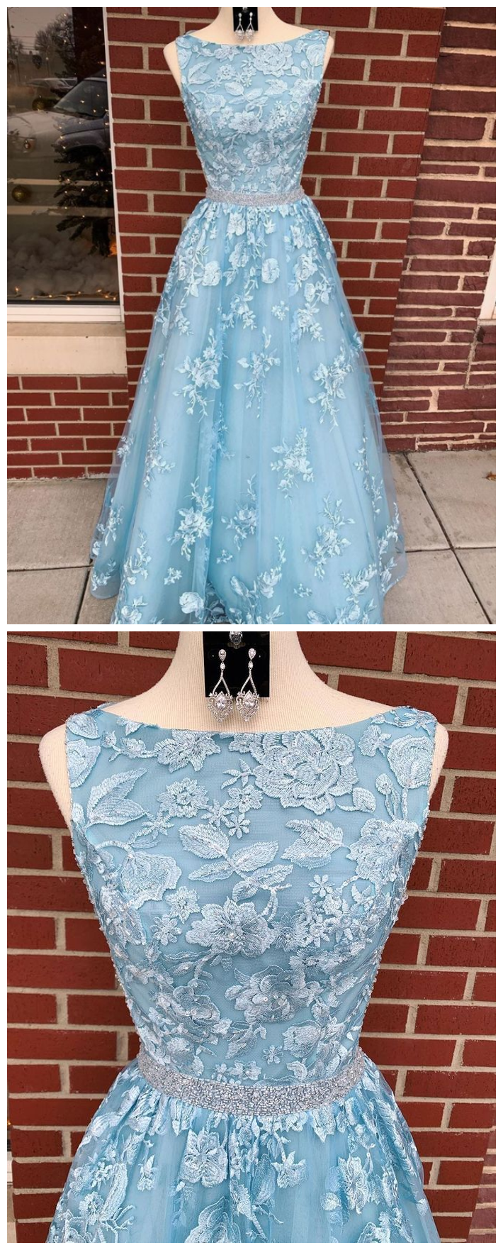 Dusty Blue 2021 A-line Backless Prom Dress Long Dusty Blue Lace Formal Dress #21011220
