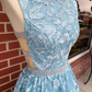 Staubiges blaues 2021 A-Linien-Ballkleid mit freiem Rücken Langes, staubiges blaues Abendkleid aus Spitze #21011220