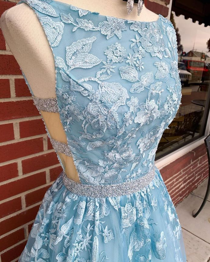 Dusty Blue 2021 A-line Backless Prom Dress Long Dusty Blue Lace Formal Dress #21011220