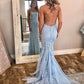 Dusty Blue Lace Mermaid Prom Dress Formal Dress Backless Tight Prom Dress 21010101