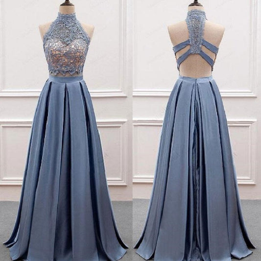 Dusty Blue Prom Dress,Two Piece Prom Dress,Lace Top Prom Dress,Graduation Dresses for 8th Grade,20082014