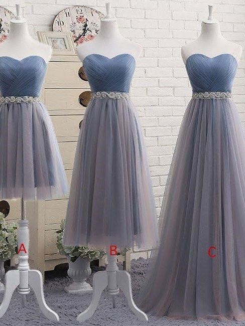 Dusty Blue Tulle Strapless Prom Dress in Different Length with Rinestones Belt 201707205