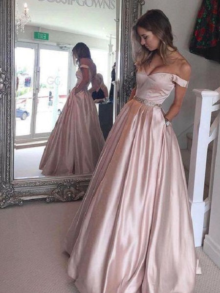 Dusty Pink Long Off Shoulders Prom Dress with Pockets MA005
