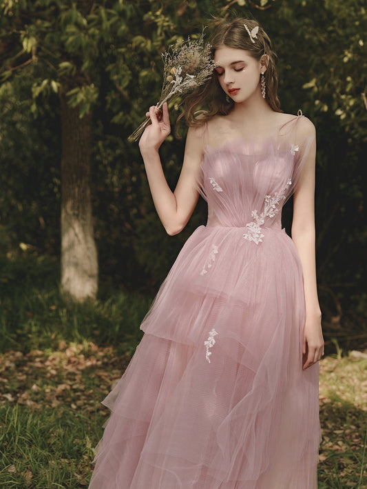 Dusty Rose Flowy Tulle Tiered Prom Dress