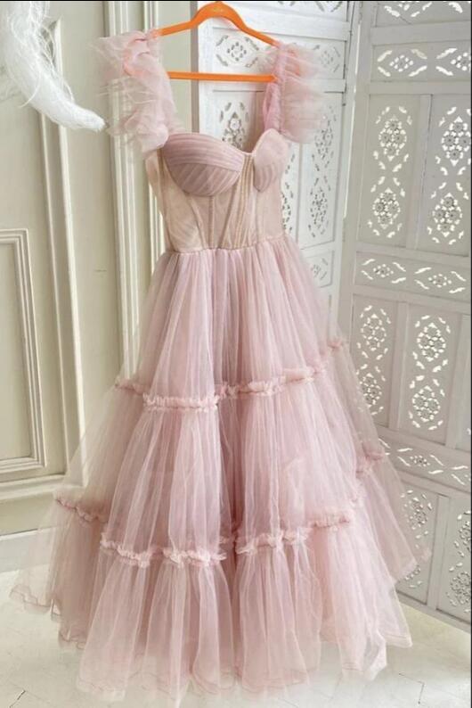 Dusty Rose Teried Tulle Tea Length Prom Dress