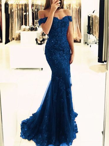 Elegant Blue Long Mermaid Lace Off  Shoulders Prom Dress Formal Dress ,GDC1089