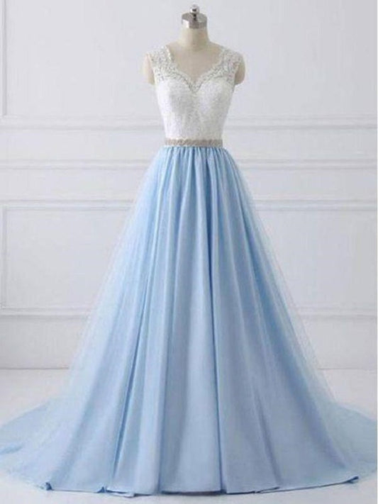 Elegant Long Blue Prom Dress with White Lace Top,Senior School Formal Dress,GDC1326