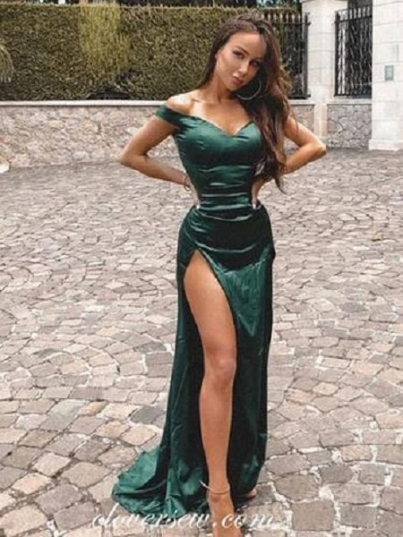 Emerald Green Long Off the Shoulder Tight Prom Dress with Slits,20081612