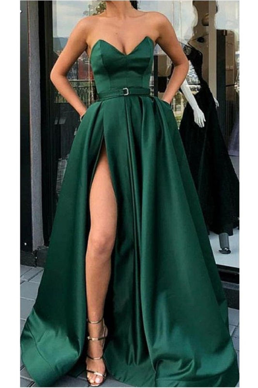 Emerald Green Side Slit Strapless Long Prom Dress with Belt,GDC1248