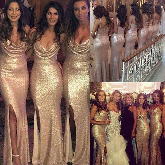 Sexy Sequin Gold Bridesmaid Dresses with Side Slit Bridesmaid Dresses with Split Front,Fs036