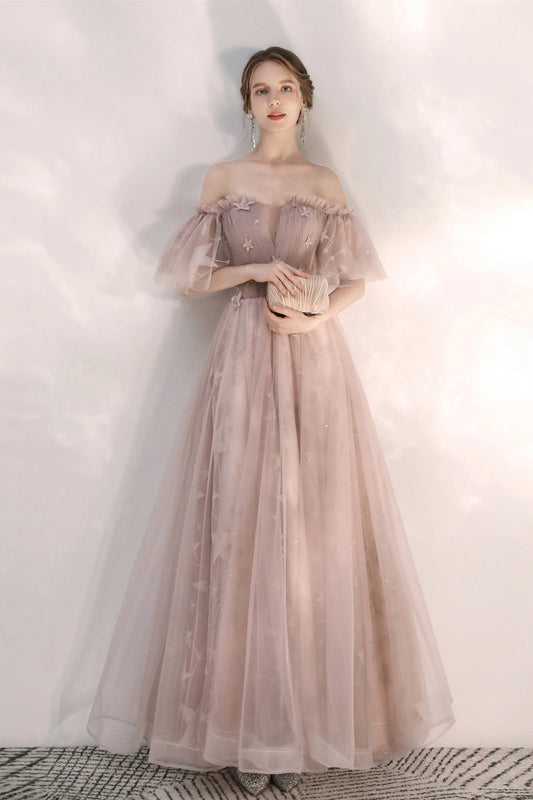 Fairy Flowy Maxi Beige Prom Dress