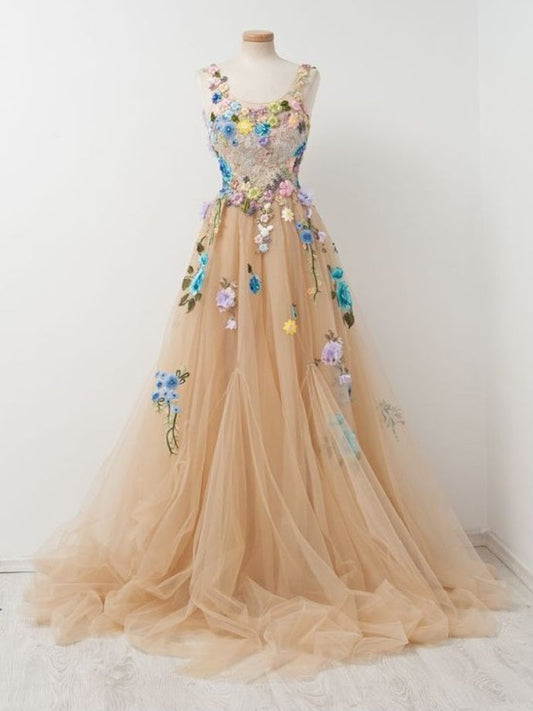 Floral Champagne Tulle FLowy Prom Dress,21121013