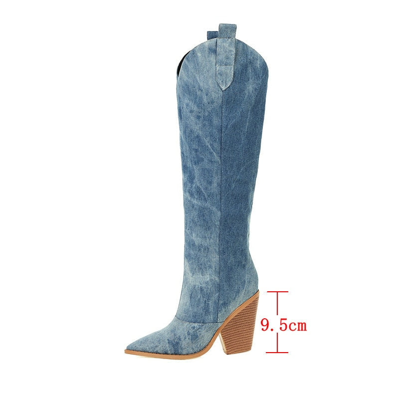 2022 Fashion Denim Western Women Knee High  Boots Wedges High Heel Cowboy Boots Slip On Autumn Winter Woman Shoes Big Size 34-43 - ladieskits - 